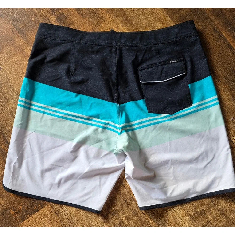 ONeill Mens Board Shorts 36 Black Teal‎ White Colorblock Striped Swim Trunks 9in